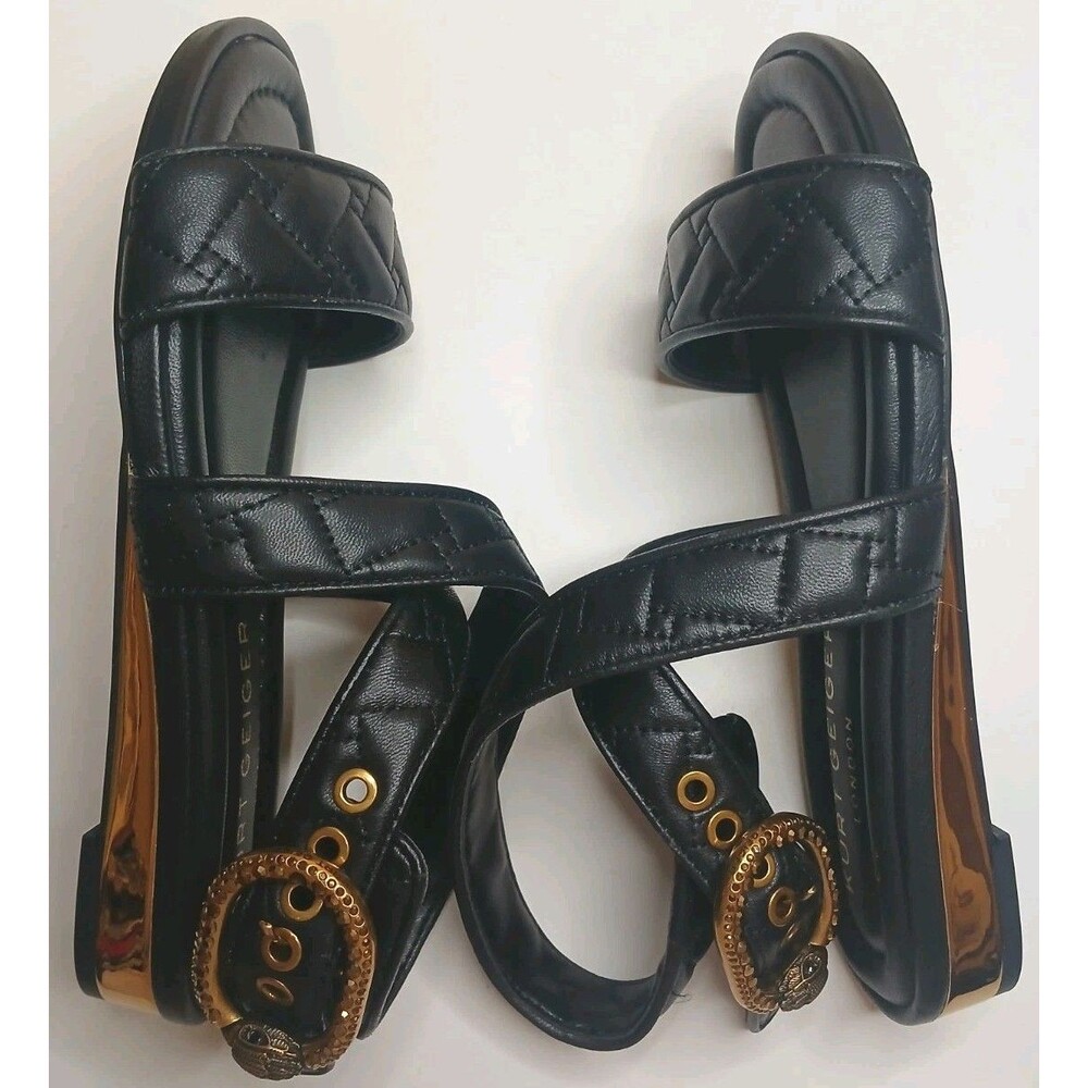 Kurt Geiger London Sandal Sz 5 Black Quilted Flat Wrap Gold Heel & Buckle $295